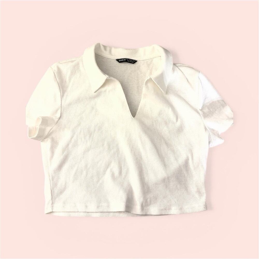 SHEIN White Collared Cropped Knit Blouse Women’s Short Sleeve Size L Y2K style